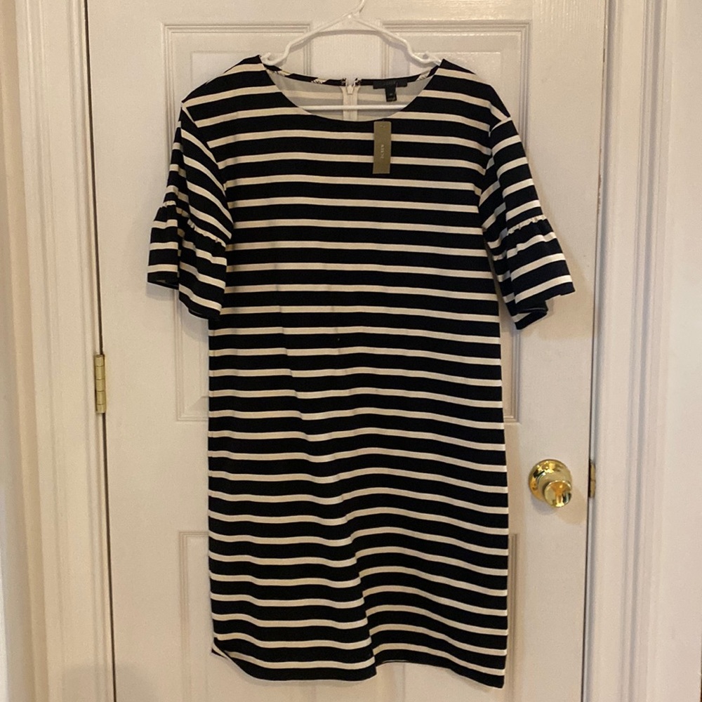 J Crew black and white striped dress with frilled sleeves